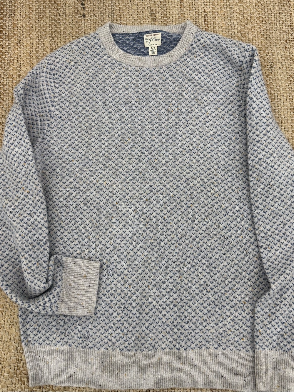 J Crew Rugged Merino Wool-blend crewneck in grey and blue Birdseye knit sz LT
